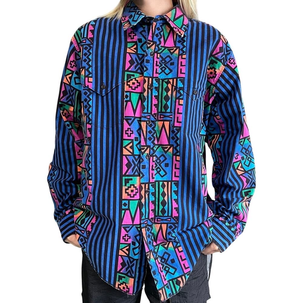 Vintage 80s 90s Wrangler Shirt Aztec Striped Button Down Western Cowboy Blue XL